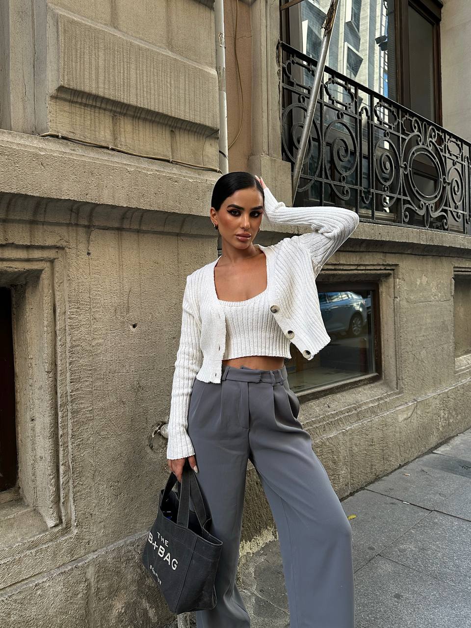 The Ribbed Knit Cardigan & Crop Top Set – 1142