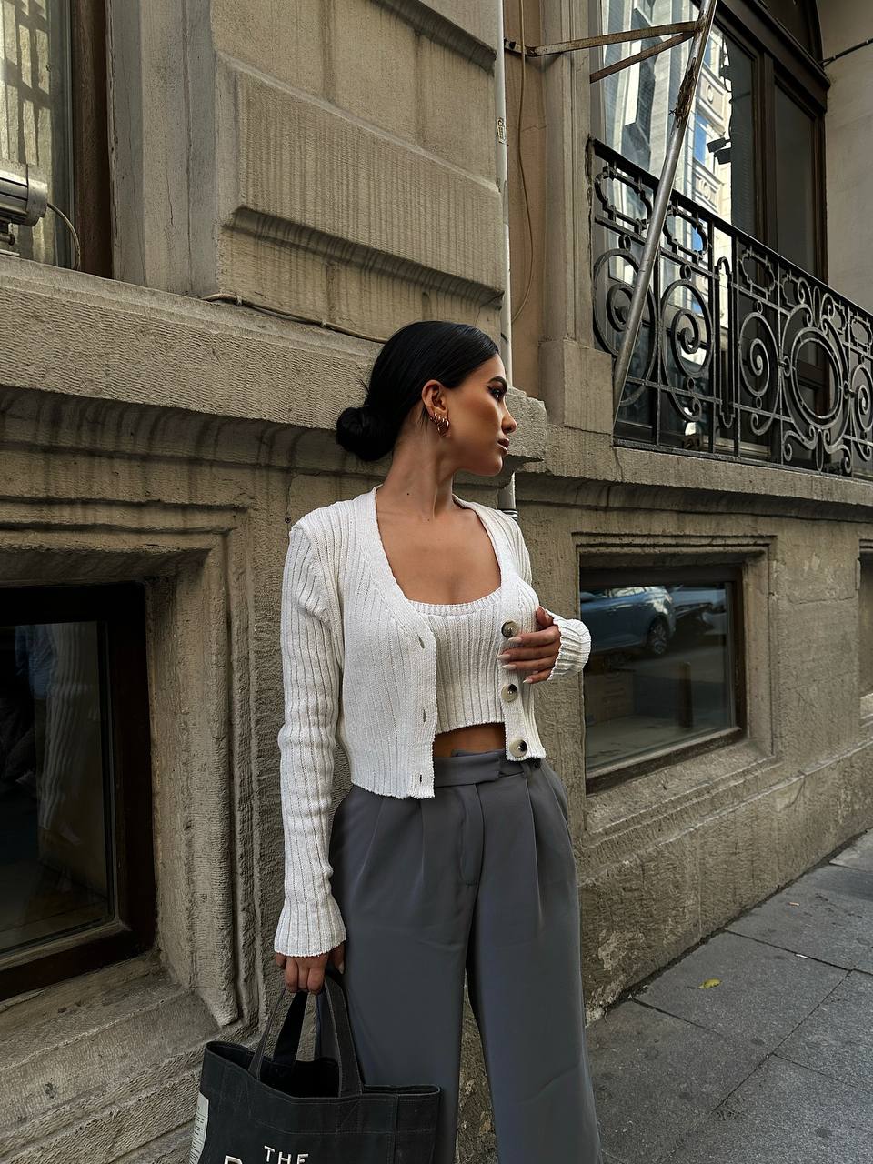 The Ribbed Knit Cardigan & Crop Top Set – 1142