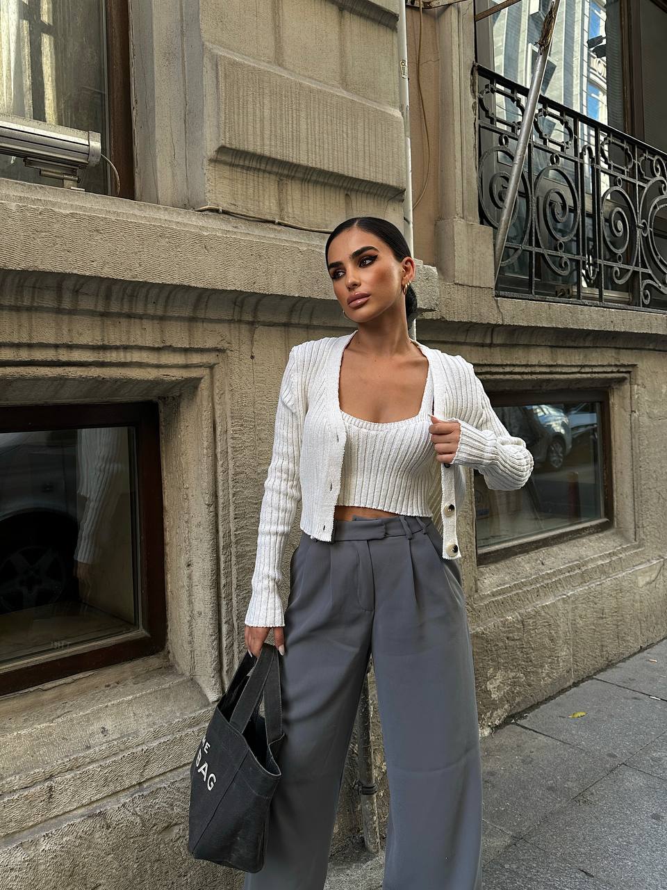 The Ribbed Knit Cardigan & Crop Top Set – 1142