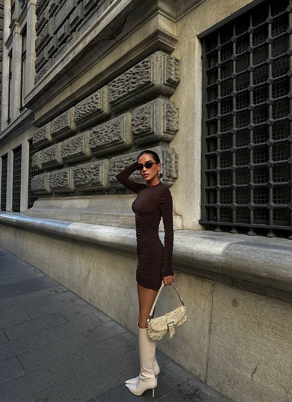 The Luxe Ruched Long Sleeve Mini Dress – 1043