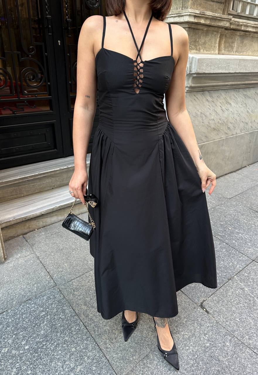 The Lace-Up Elegance Midi Dress - 1163