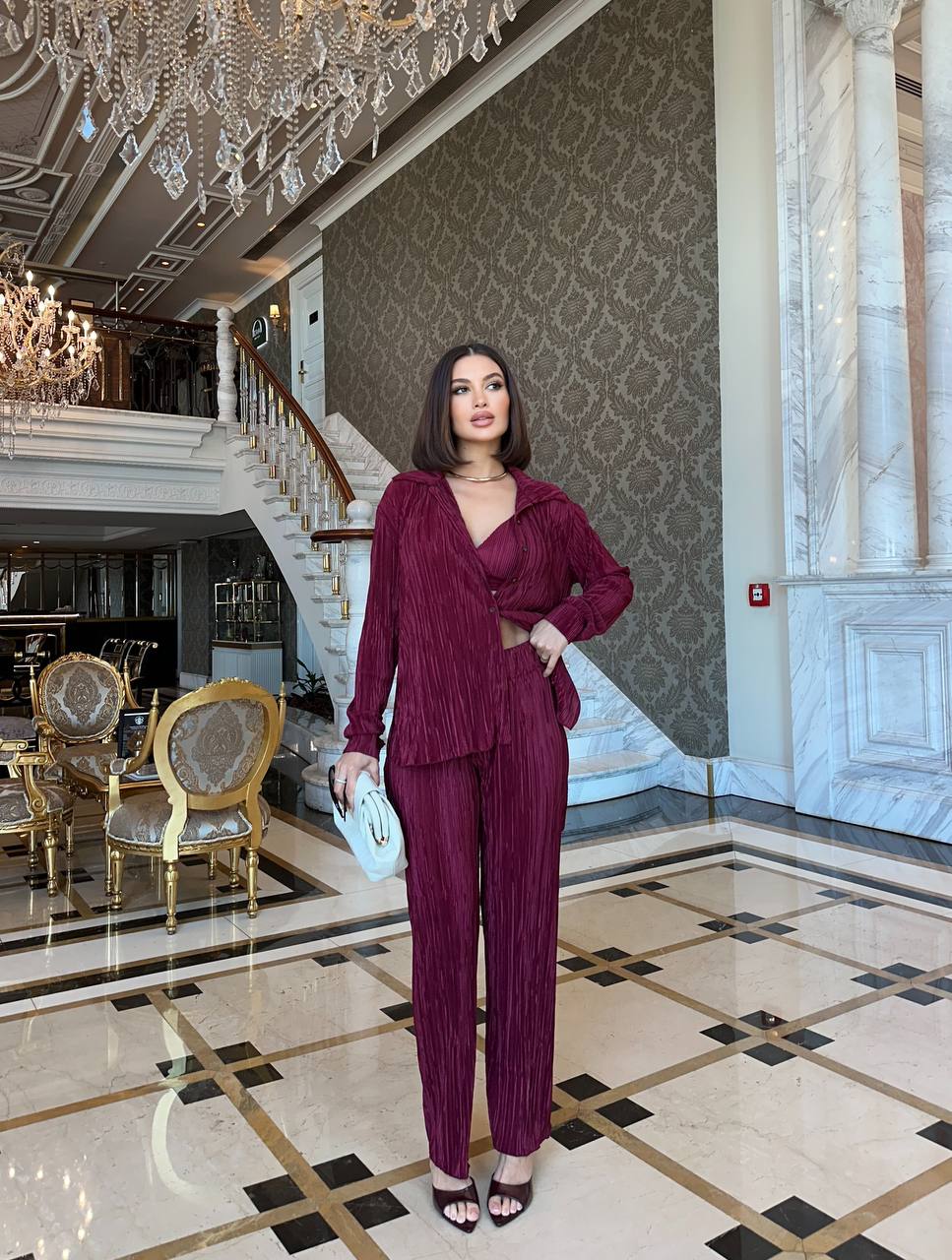 The Noir & Merlot Pleated Lounge Set 3-Piece Co-ord - 1198