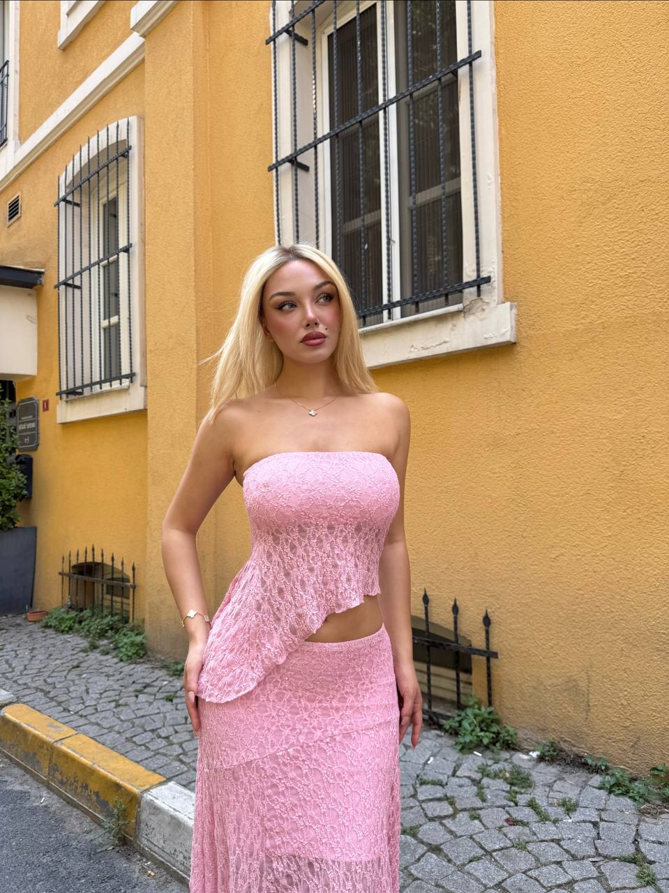 Sunset Whisper Strapless Lace Midi Dress - 1223