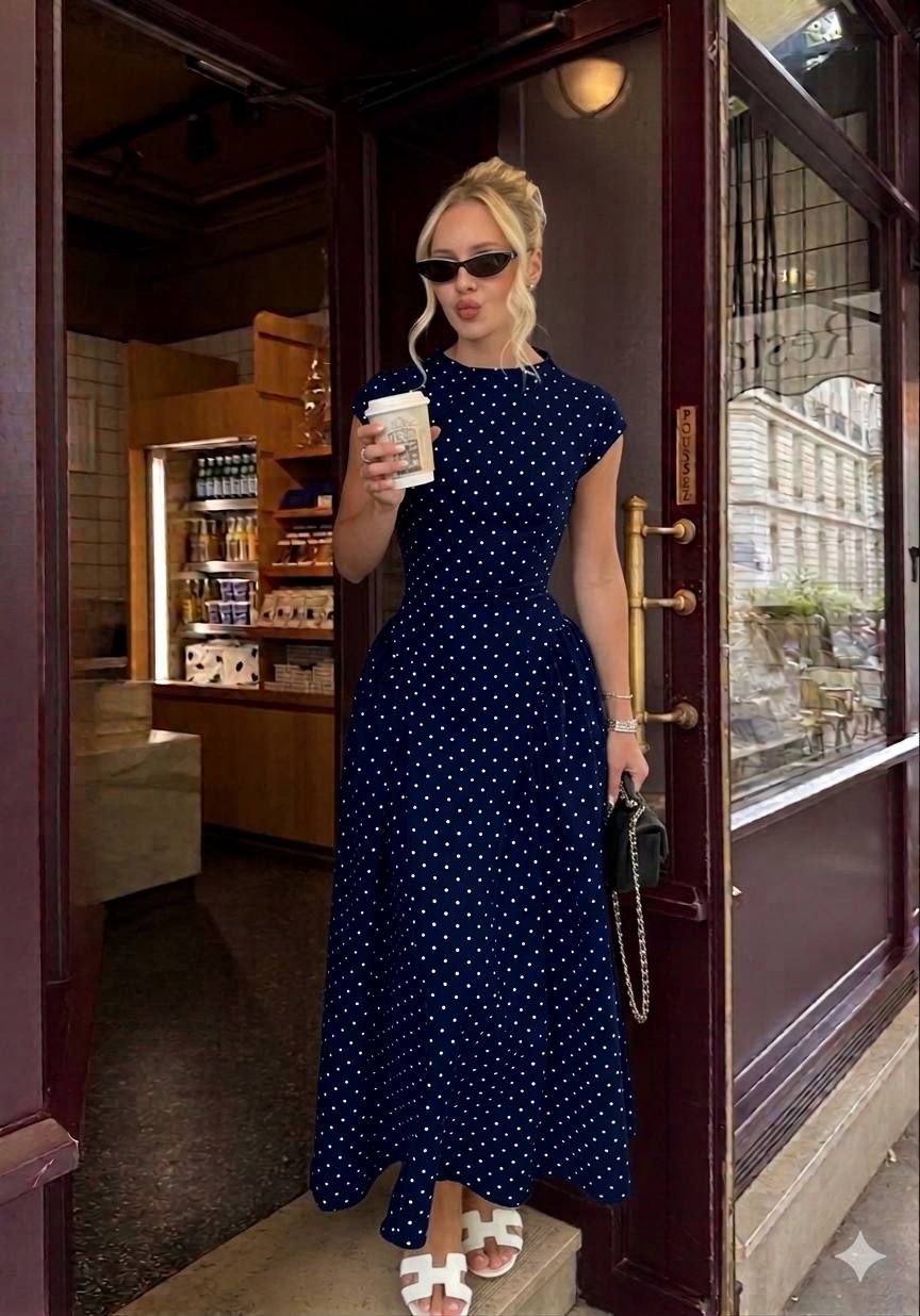 Polka-Dot Maxi Dress with high round neck and cap sleeves-1290