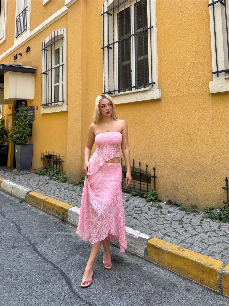 Sunset Whisper Strapless Lace Midi Dress - 1223