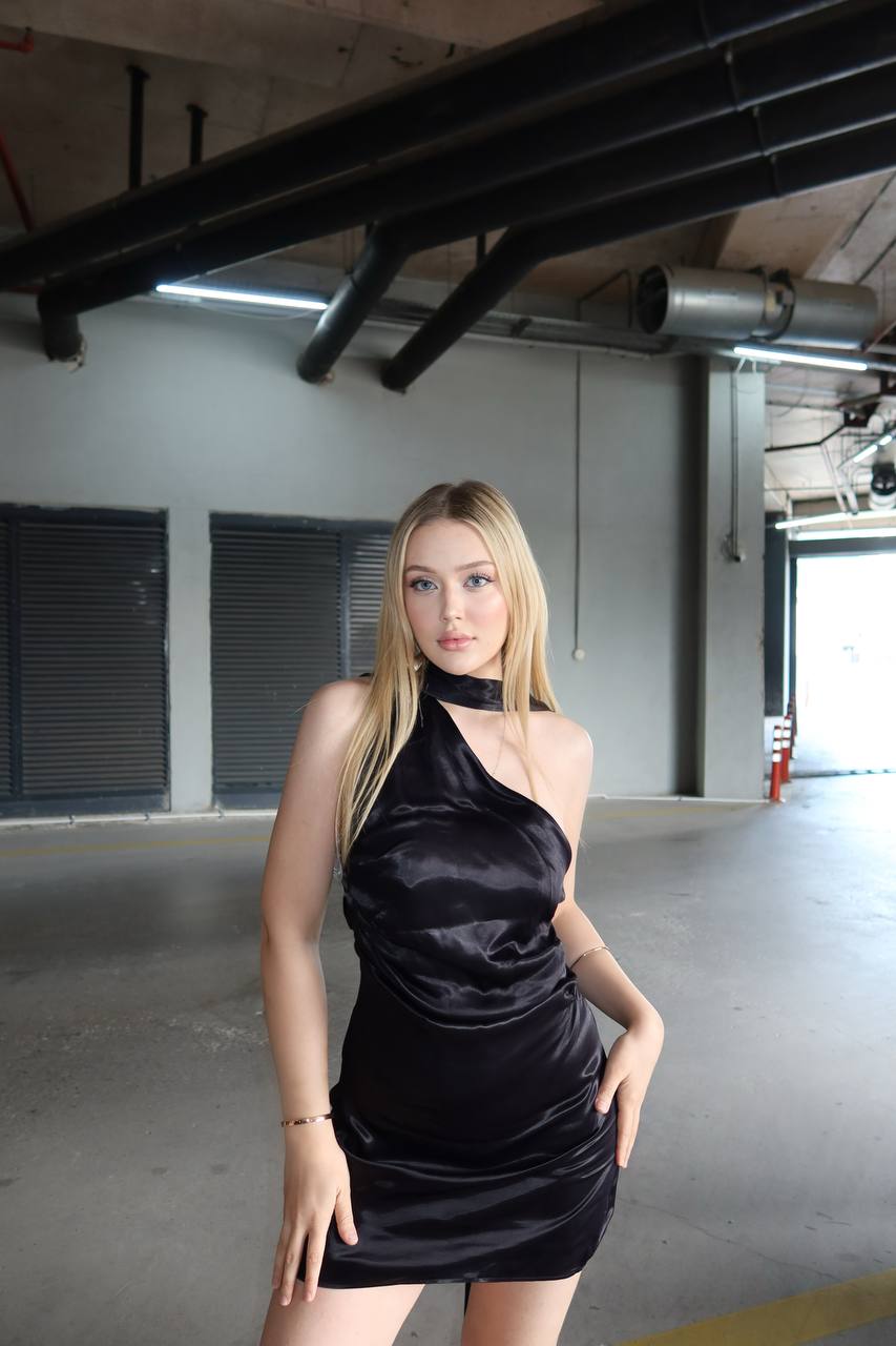 Eternal Glow Mini Dress Asymmetric Halter Satin Drape - 1253