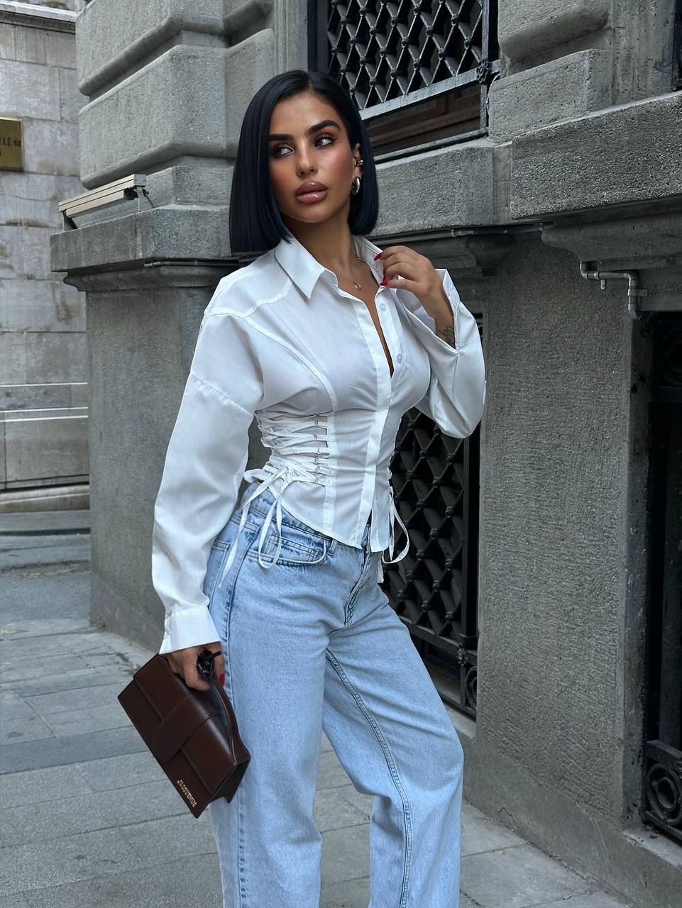 Sculpted Charm Corset Blouse Fitted Lace-Up Detail 1262