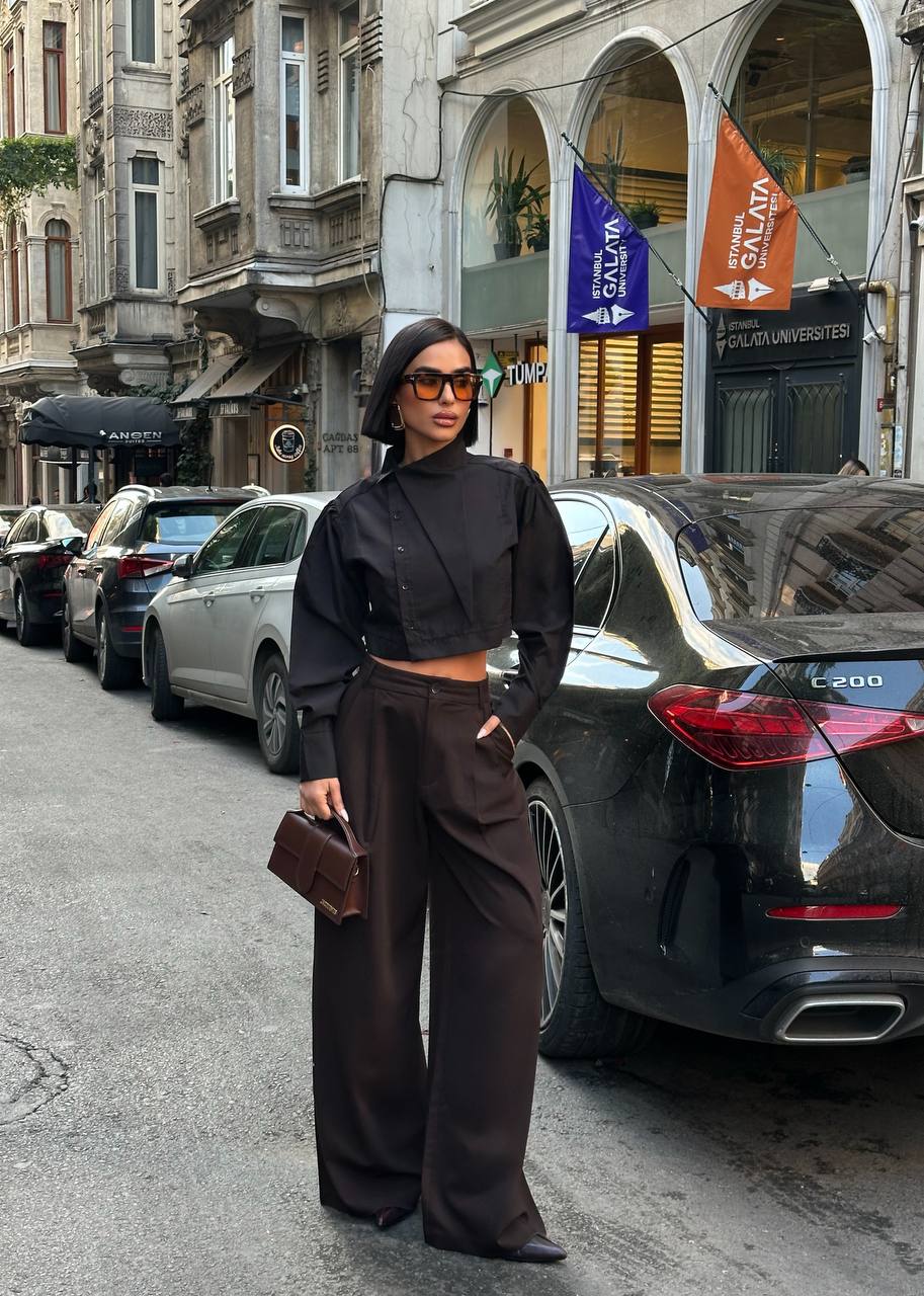 Urban Edge Cropped Blouse Structured Asymmetric Panel 1279