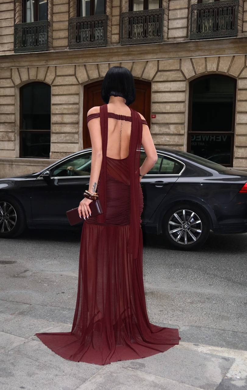 Maxi evening dress with sheer overlay - 1288