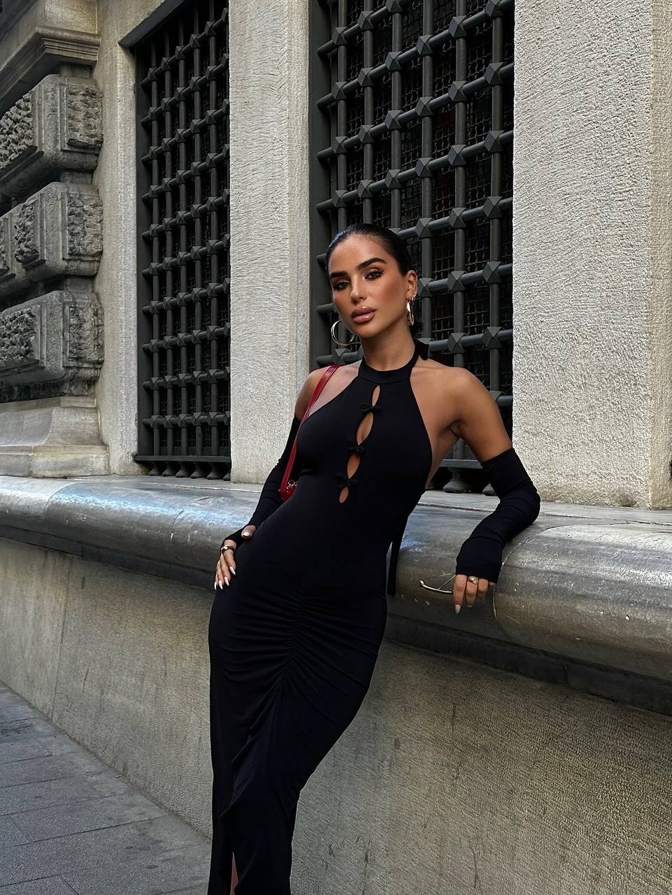 The Noir Elegance Halter Midi Dress - 1045