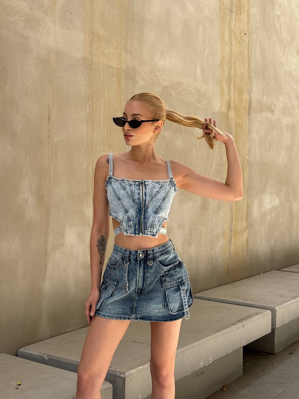 Urban Edge Denim Skirt Set – 1124