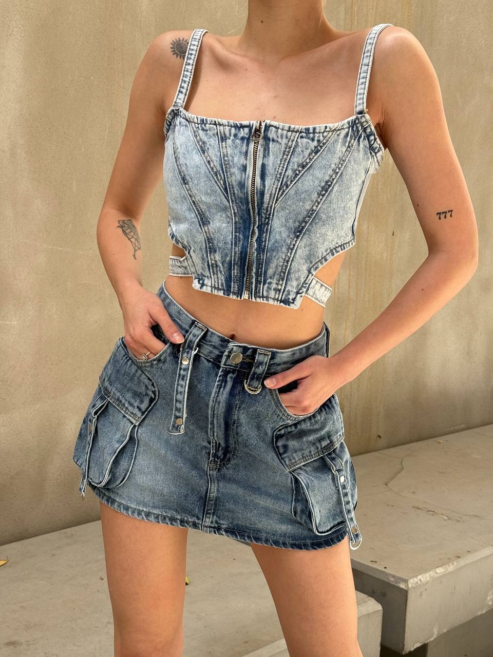 Urban Edge Denim Skirt Set – 1124