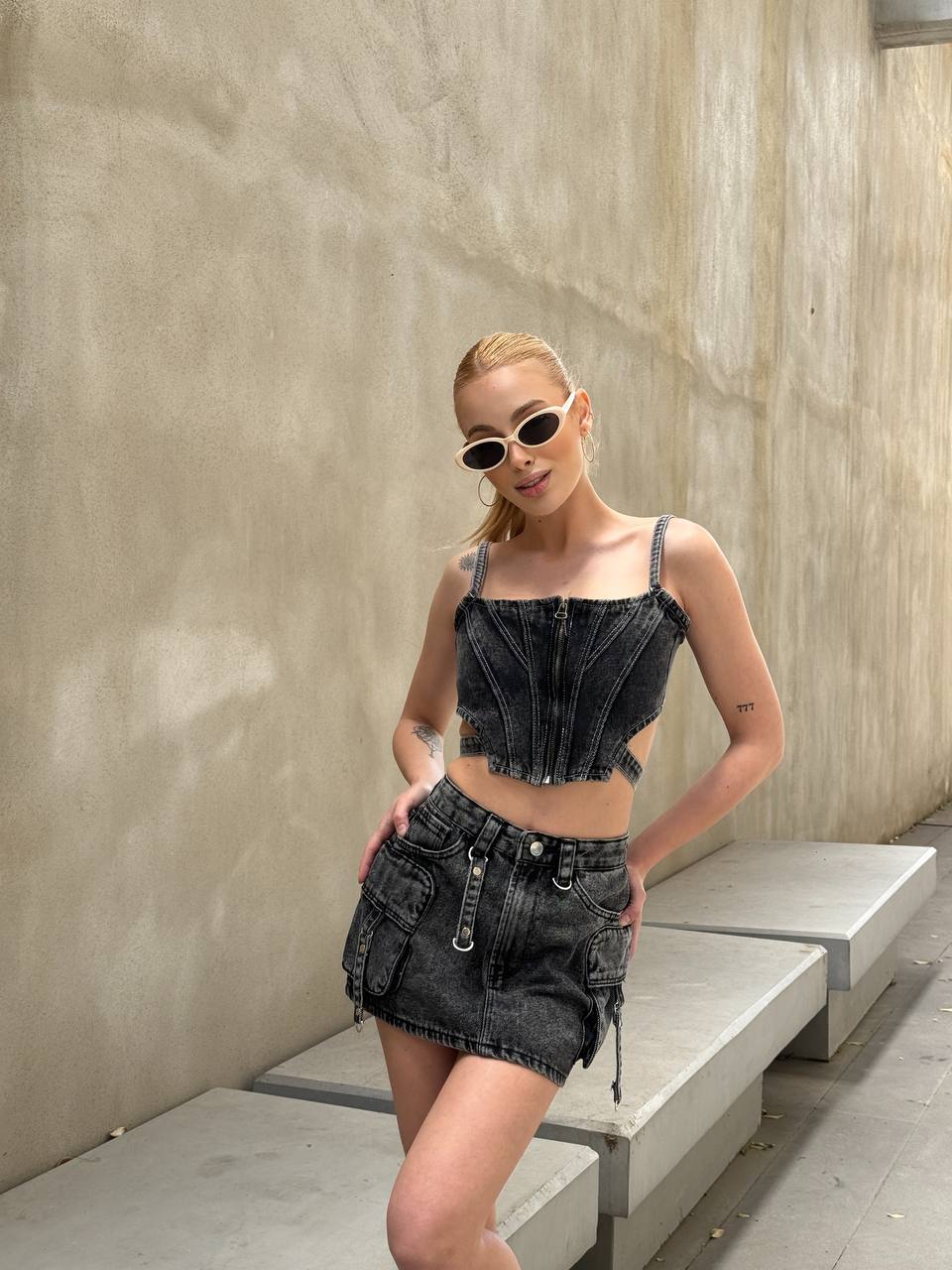 Urban Edge Denim Skirt Set – 1124