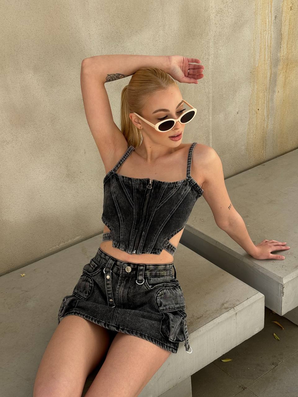 Urban Edge Denim Skirt Set – 1124