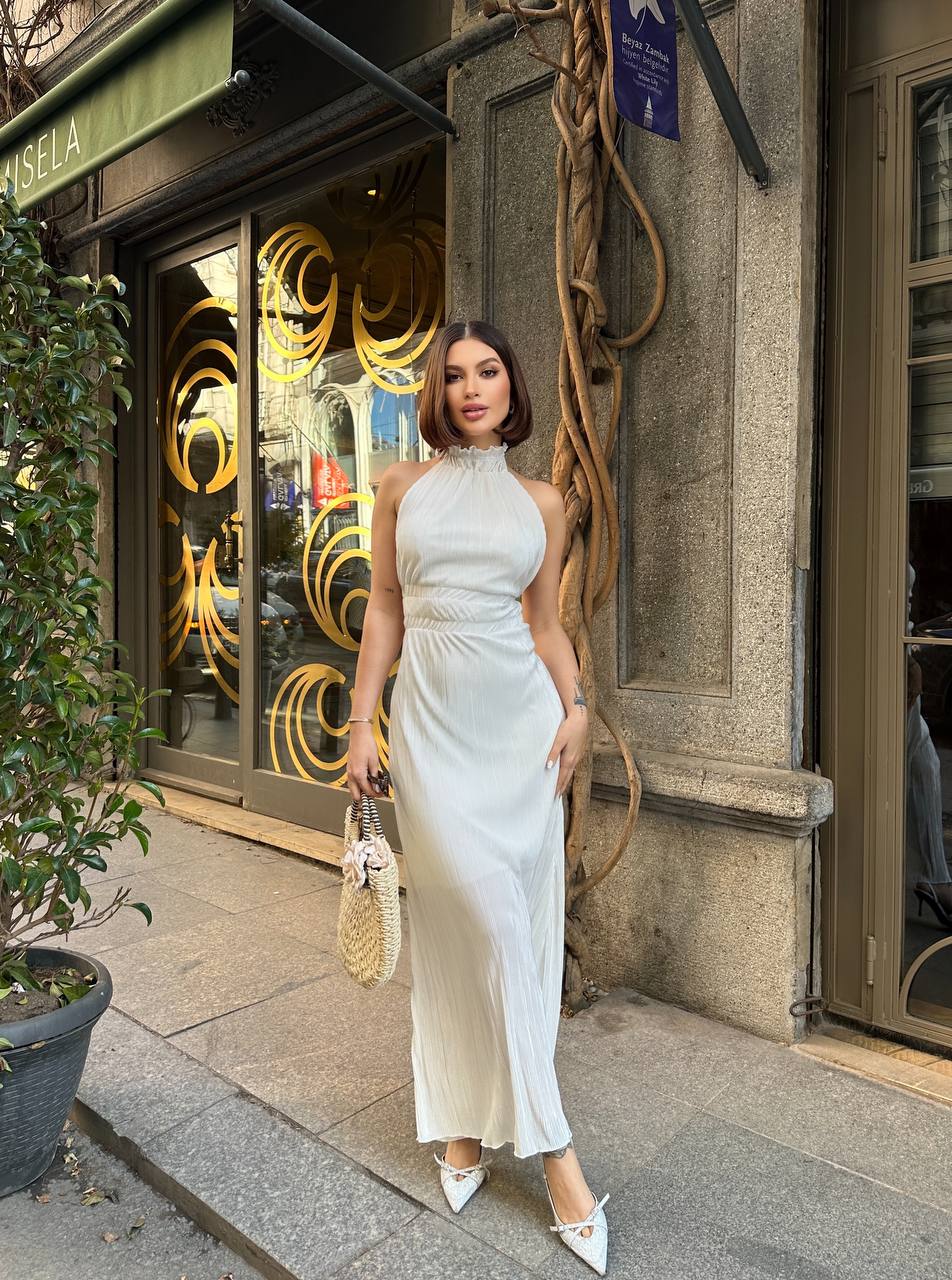 Ethereal Pleated Halter Maxi Dress - 1178