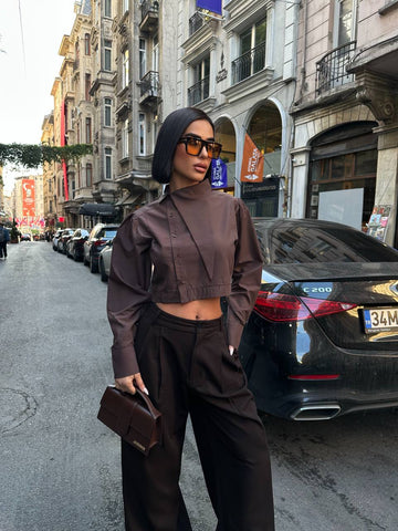 Urban Edge Cropped Blouse Structured Asymmetric Panel 1279