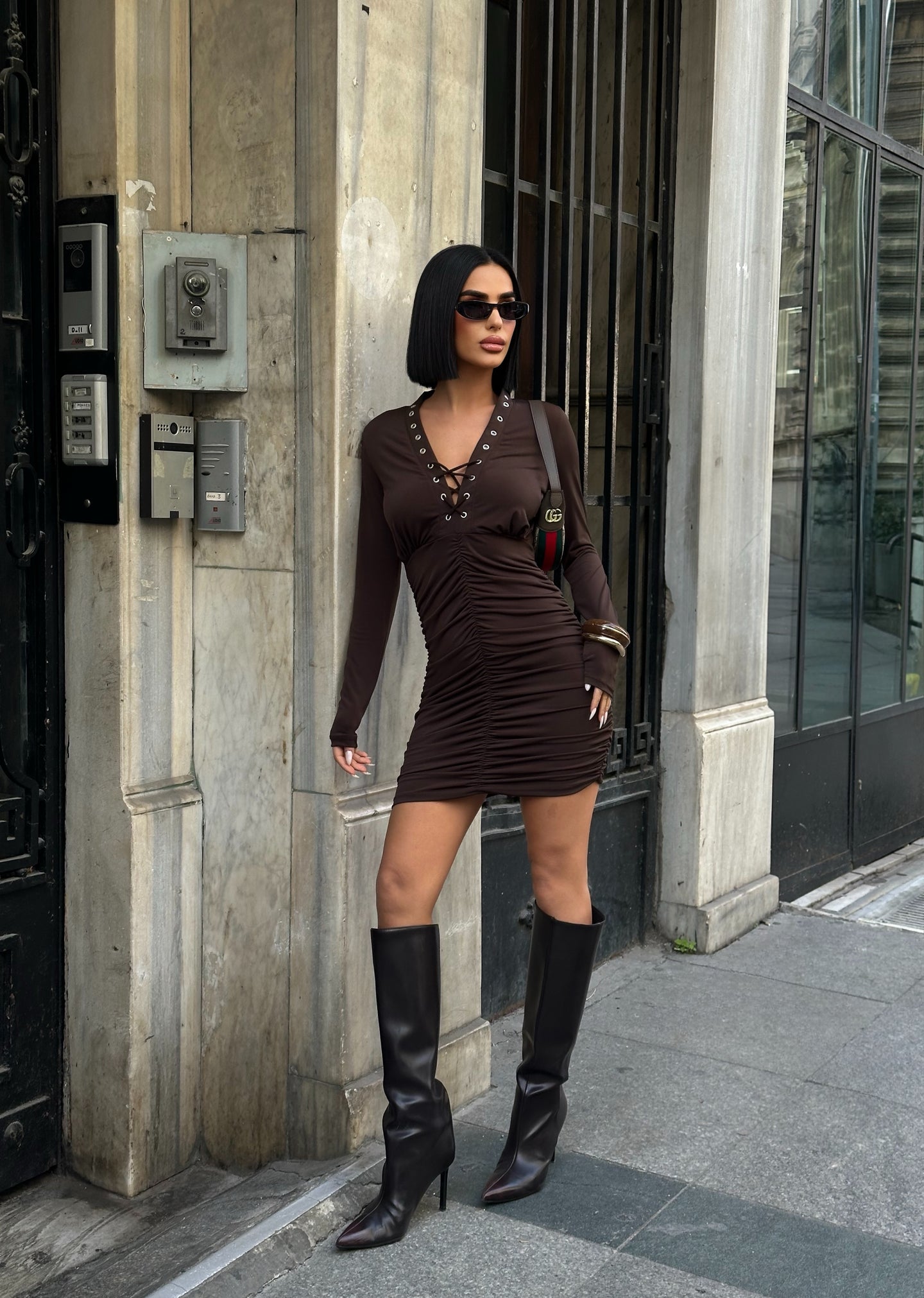 Lace Fusion Mini Dress Bodycon Ruched 1268