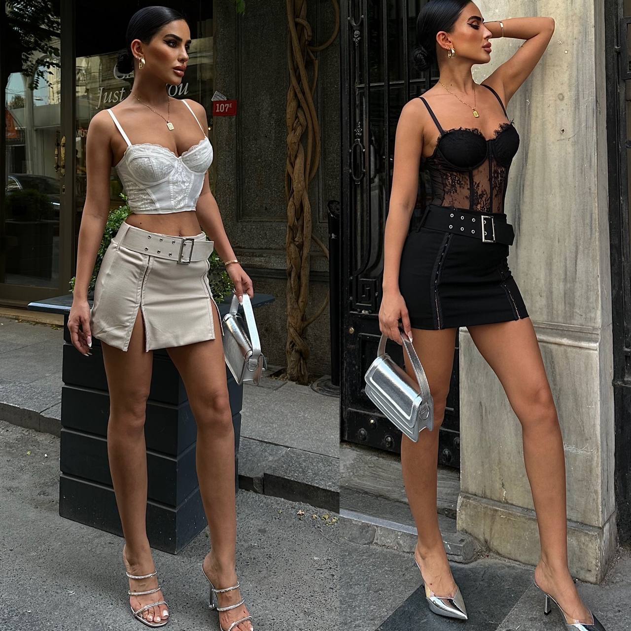 Sleek Satin Corset Top with Mini Skirt – 1107