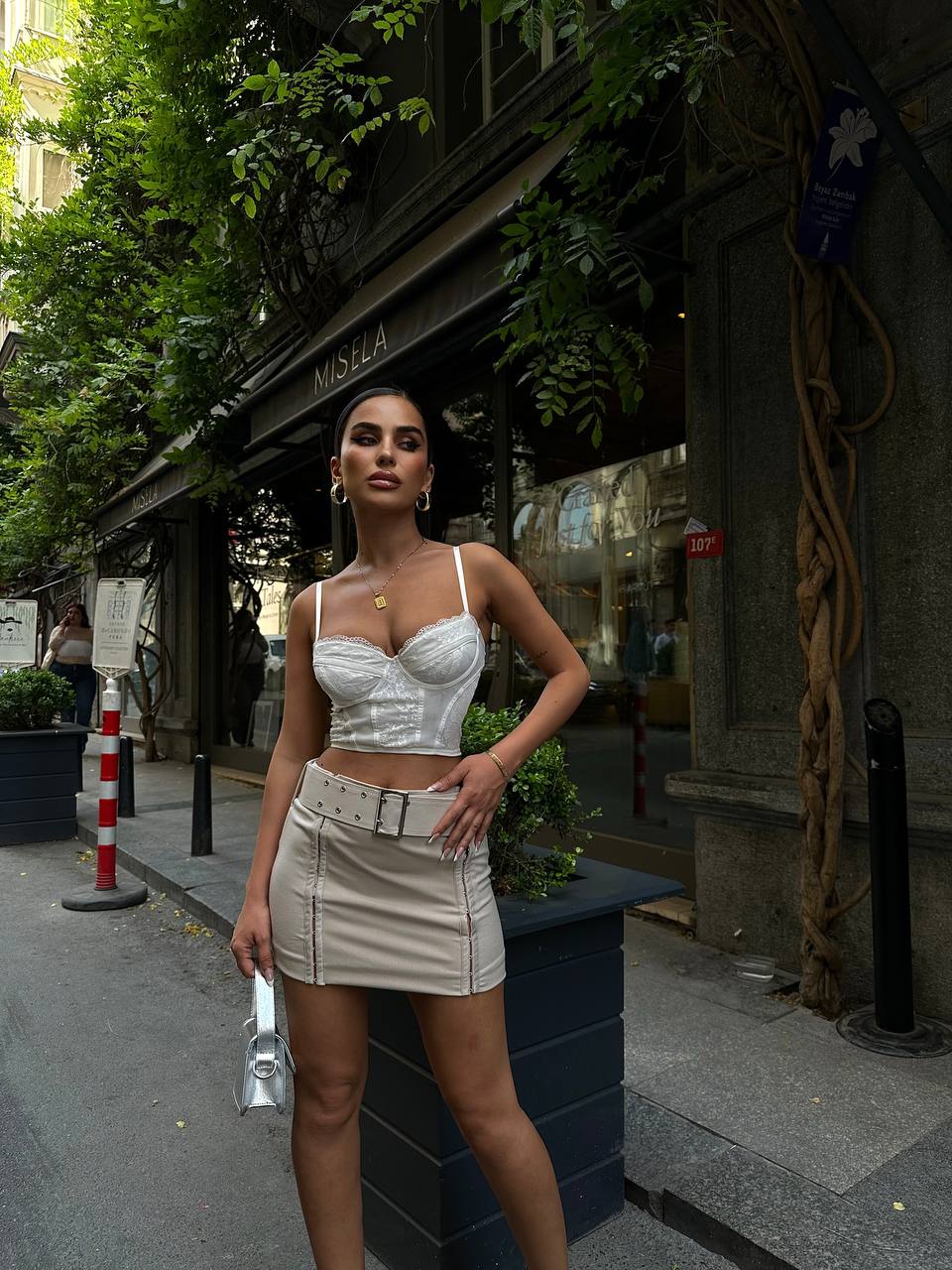 Sleek Satin Corset Top with Mini Skirt – 1107