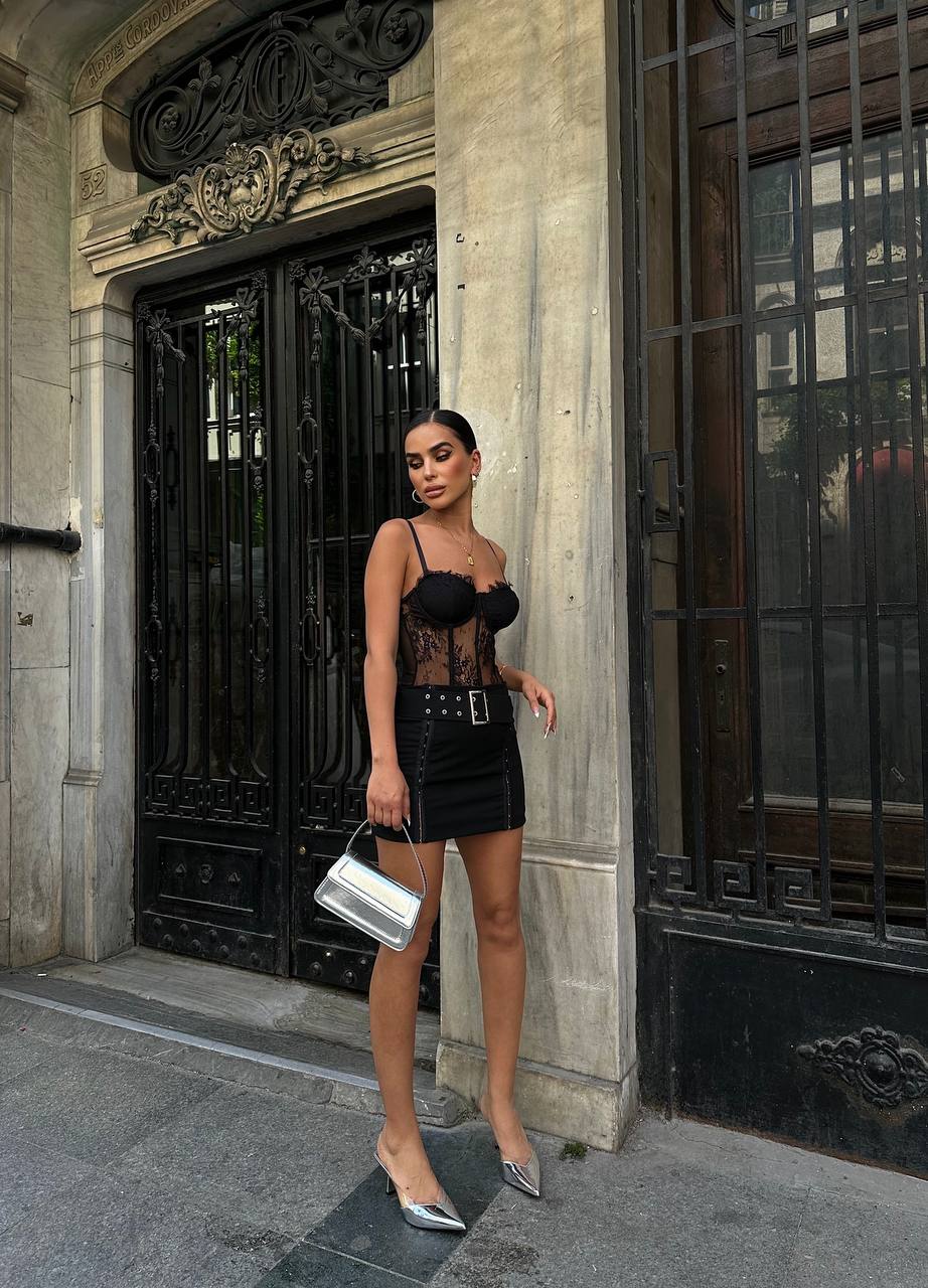 Sleek Satin Corset Top with Mini Skirt – 1107