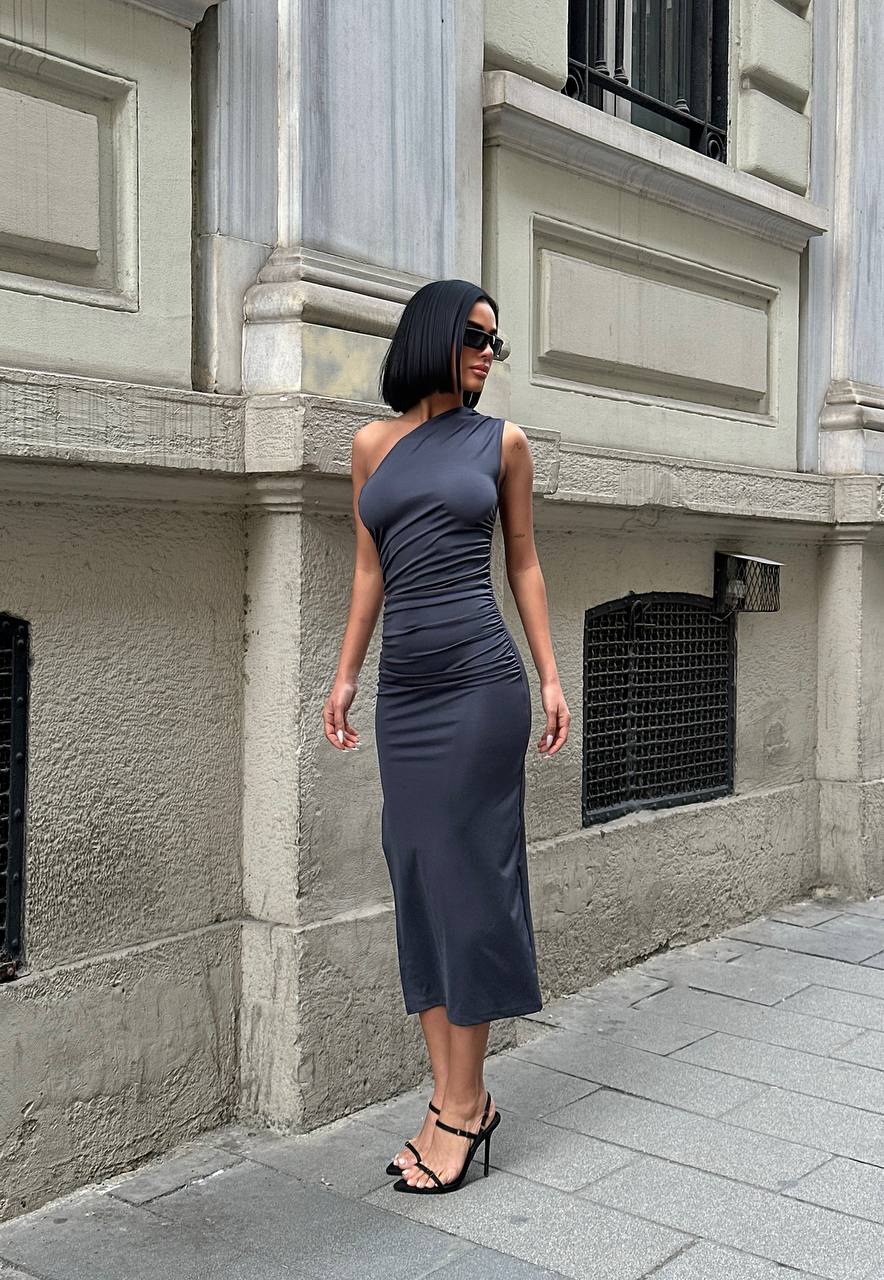The One-Shoulder Ruched Elegance Midi Dress - 1184