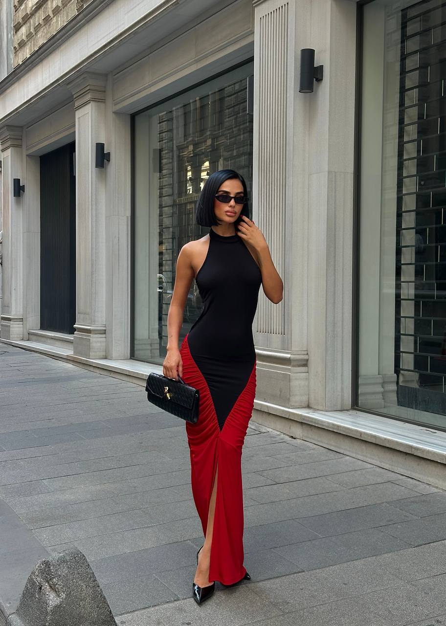 Midnight Charm  Maxi Dress  Bodycon  Contrast Ruched 1251