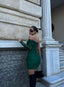 The Noir & Emerald One-Sleeve Ruched Mini Dress – 1081