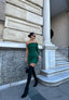 The Noir & Emerald One-Sleeve Ruched Mini Dress – 1081