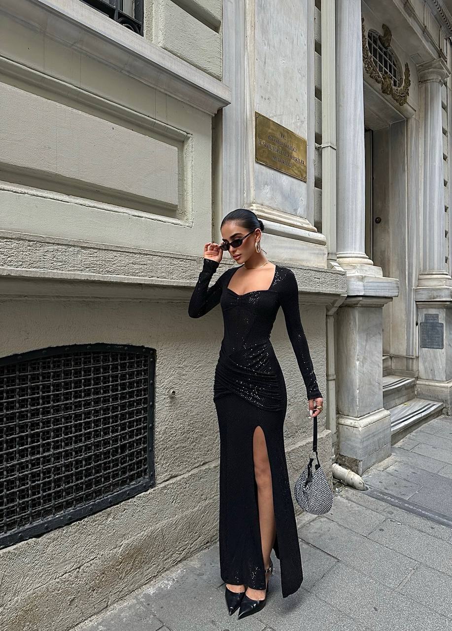 The Noir Glam Long Sleeve Maxi Dress – 1067