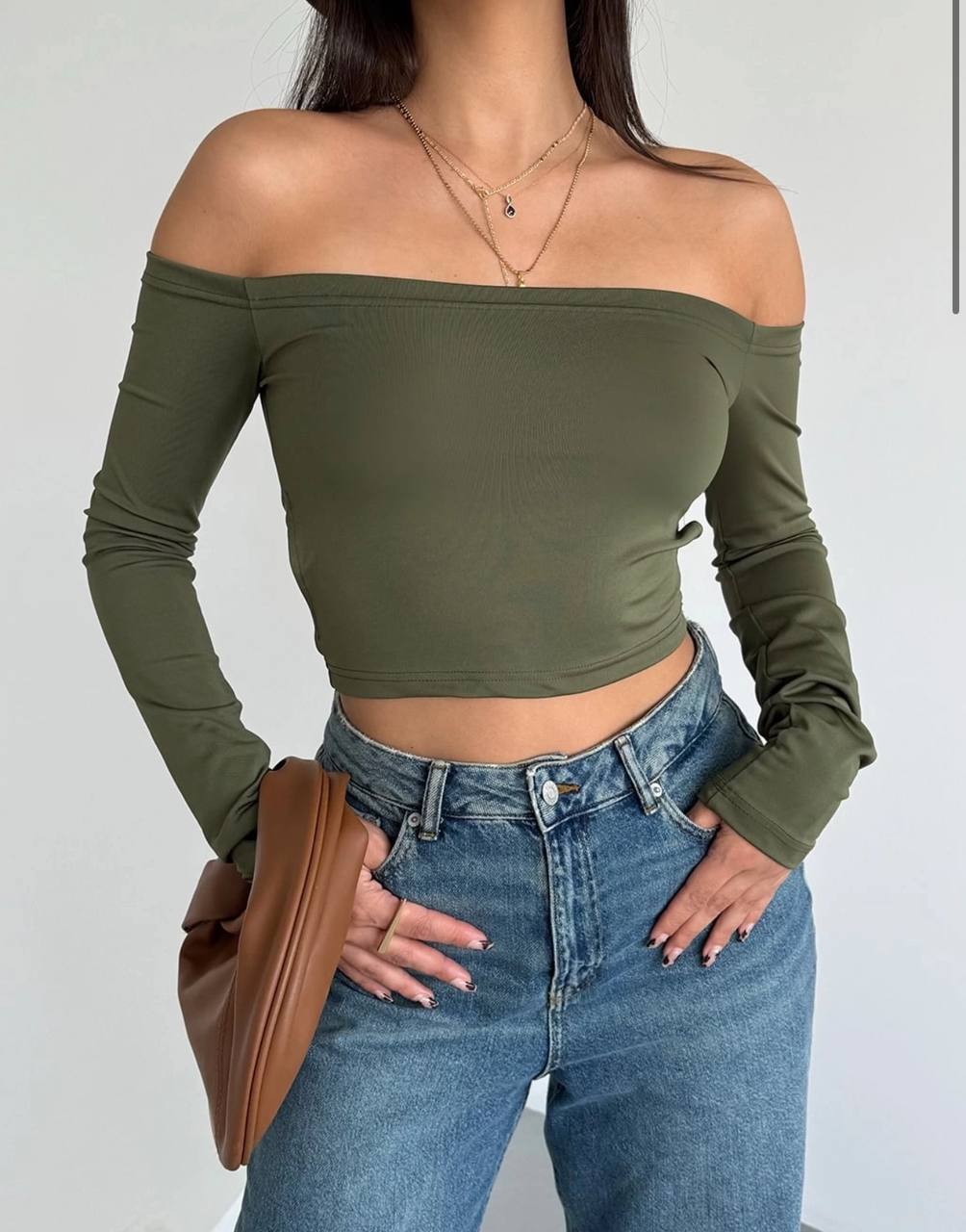 The Elegance Off-Shoulder Long Sleeve Crop Top - 1063