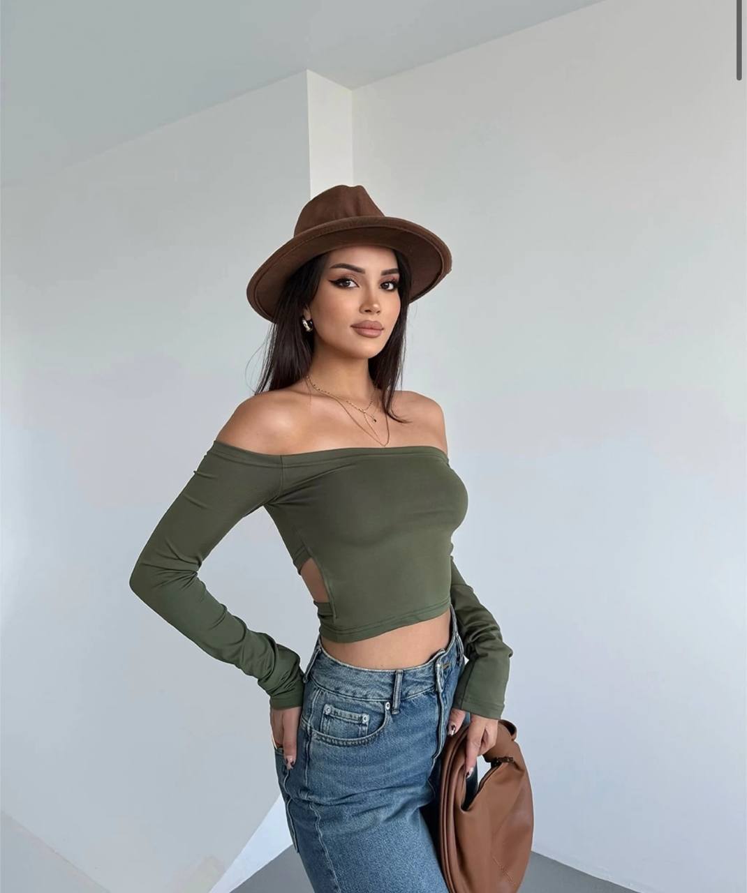 The Elegance Off-Shoulder Long Sleeve Crop Top - 1063