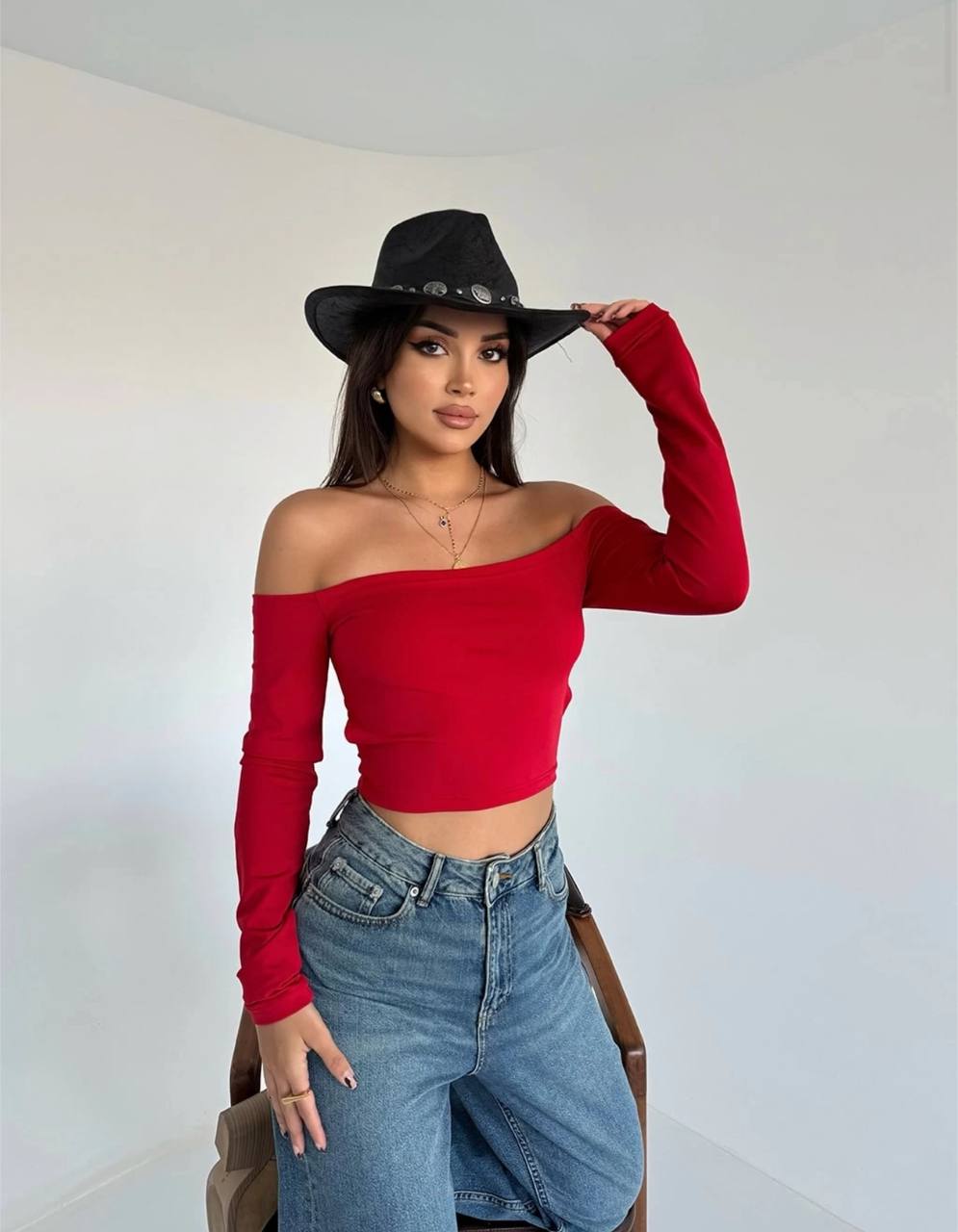 The Elegance Off-Shoulder Long Sleeve Crop Top - 1063