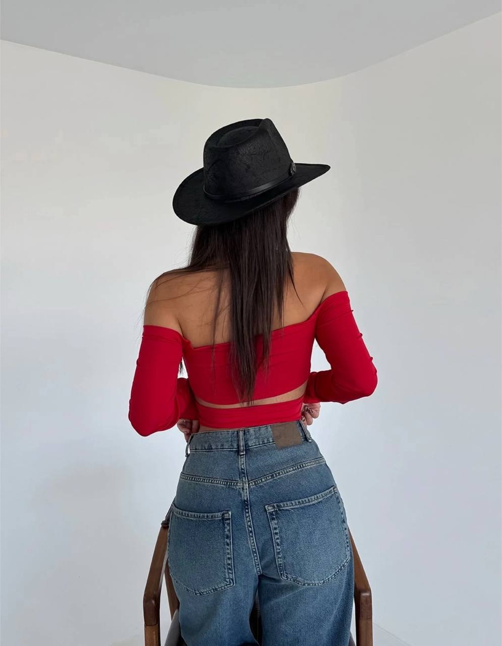 The Elegance Off-Shoulder Long Sleeve Crop Top - 1063