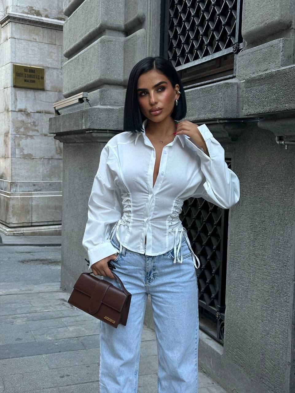 Sculpted Charm Corset Blouse Fitted Lace-Up Detail 1262