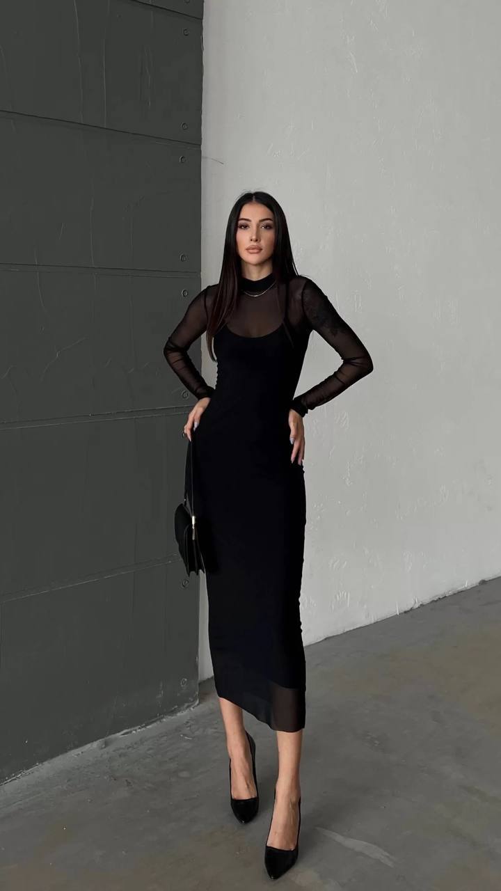 The Noir Elegance Midi Dress - 1020