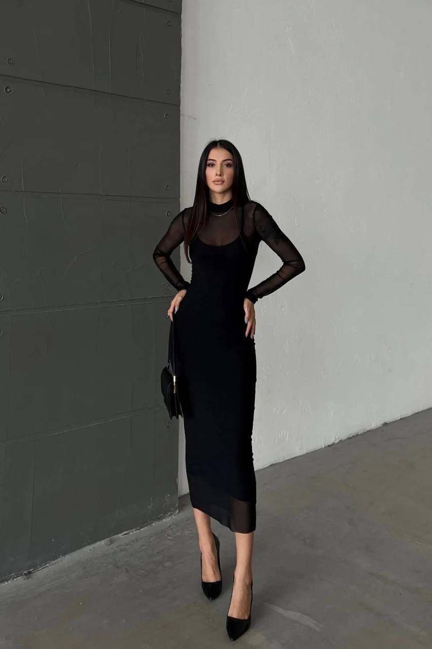 The Noir Elegance Midi Dress - 1020
