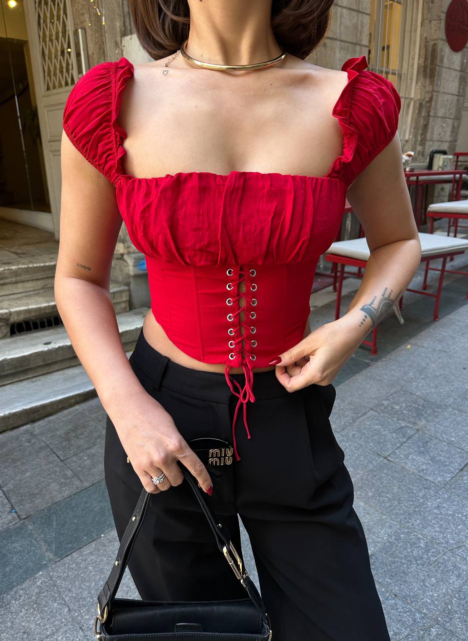 Ruffle-Trim Lace-Up Corset Top – 1106