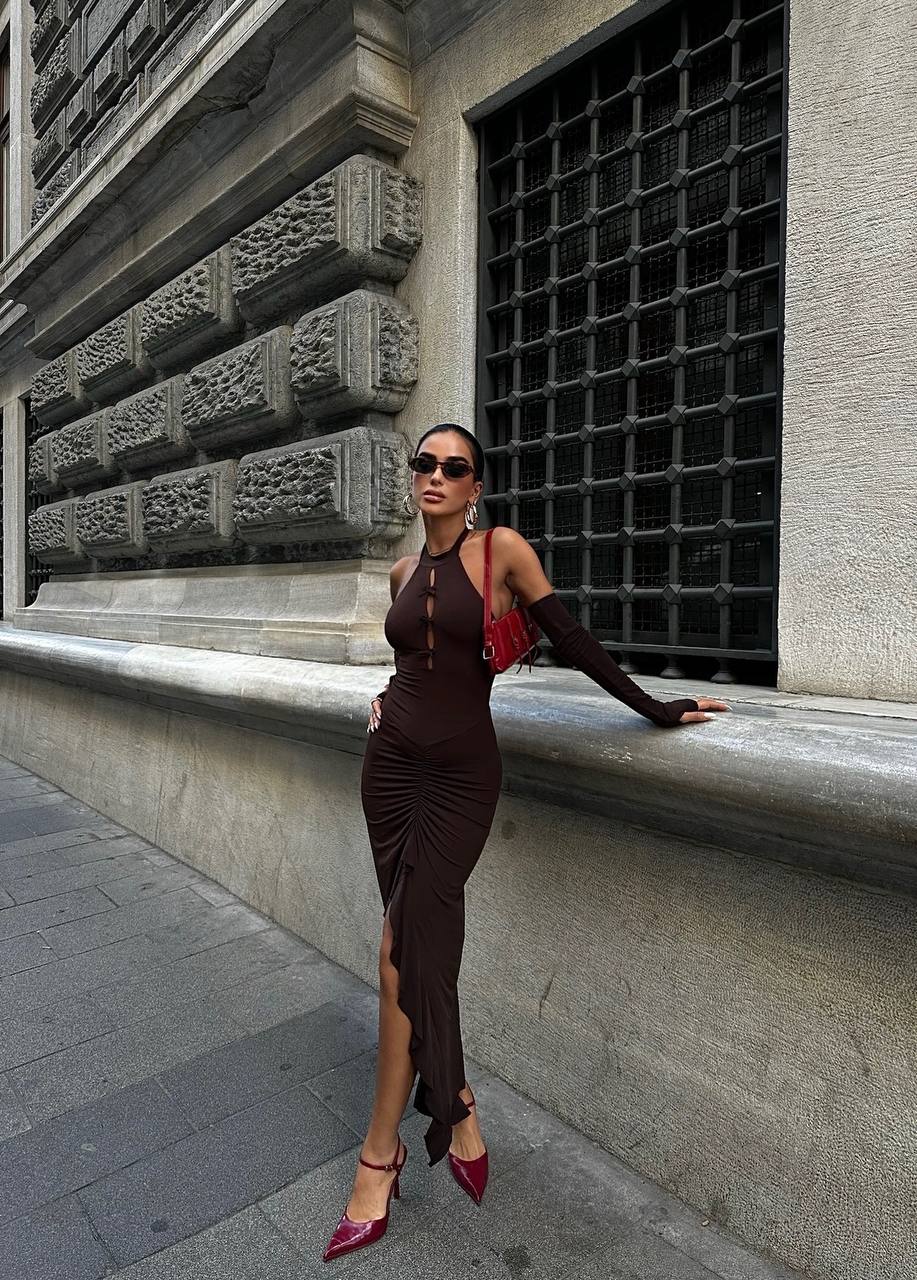 The Noir Elegance Halter Midi Dress - 1045