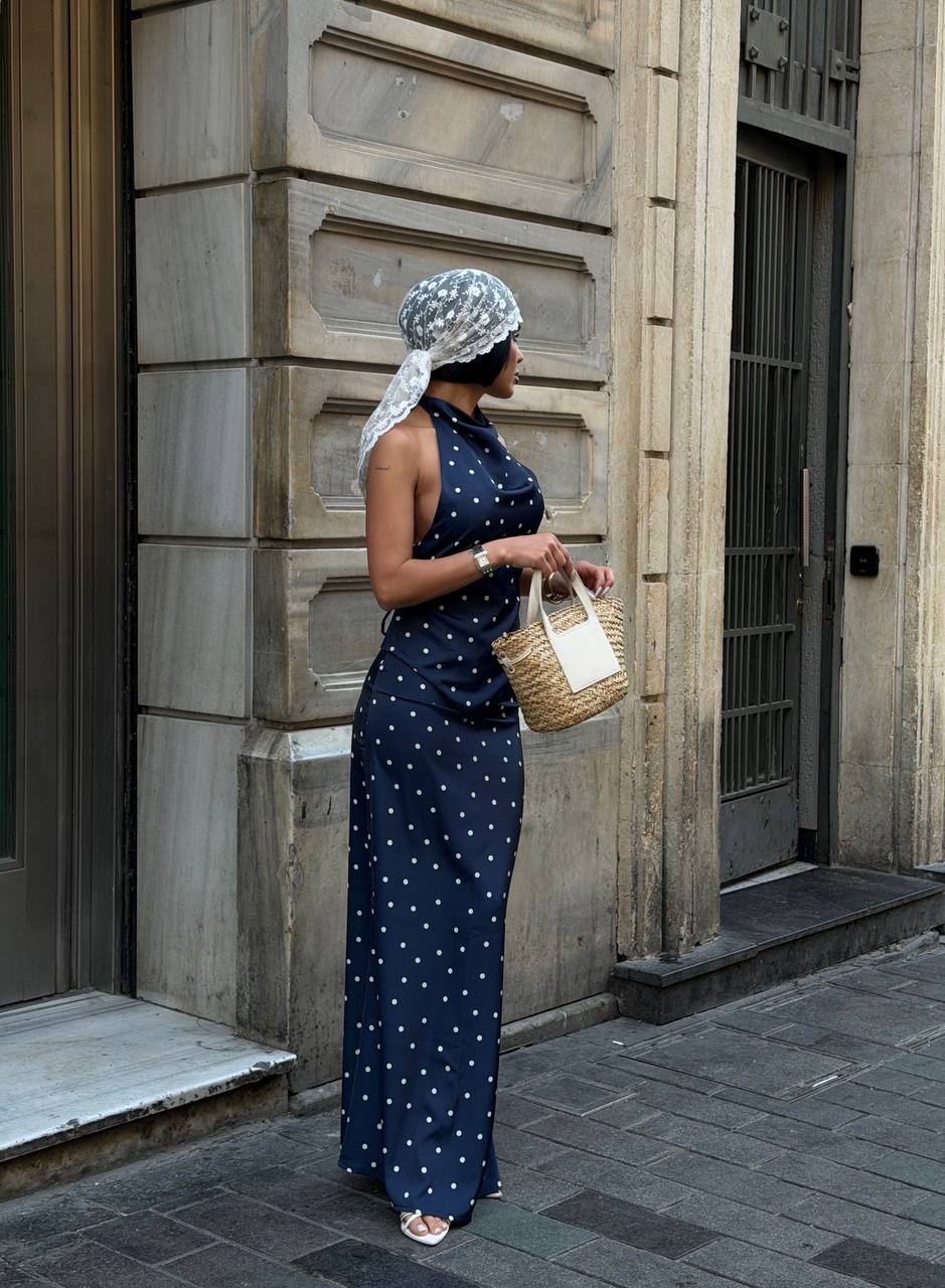 Polka-dot 2pc Halter and maxi skirt - 1292