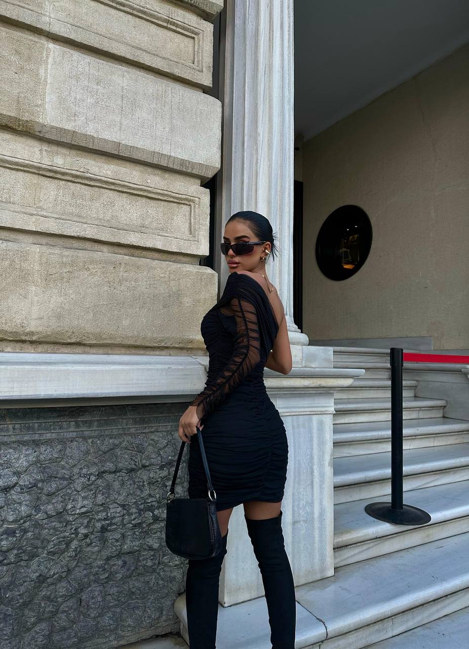 Luxe One-Shoulder Ruched Mesh Mini Dress - 1176