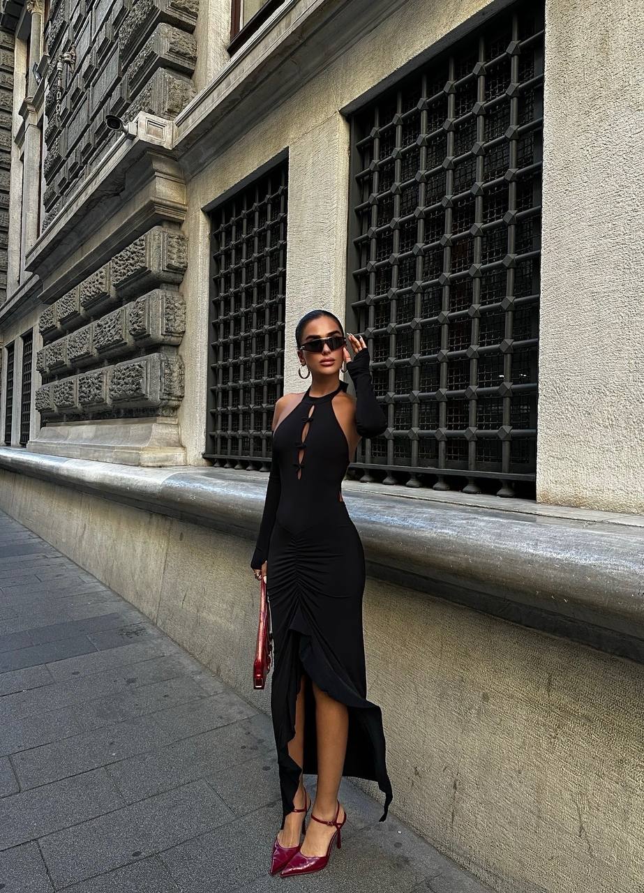 The Noir Elegance Halter Midi Dress - 1045