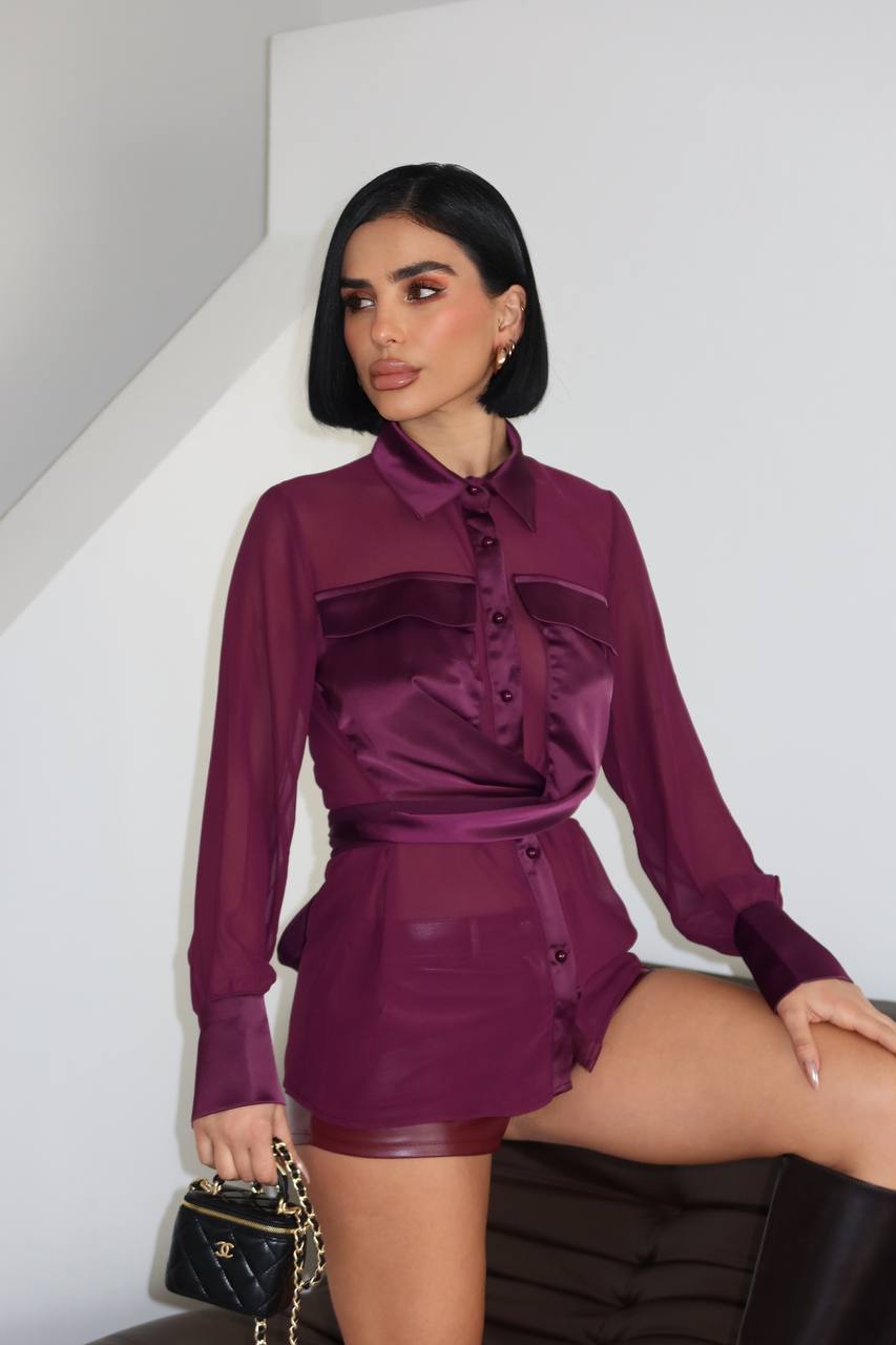 Silk Command Blouse Wrap Fit Waist Tie 1284