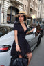 V-Neck Poplin Mini-Dress with puff sleeves, lace trim and corseted waist- 1291