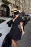 V-Neck Poplin Mini-Dress with puff sleeves, lace trim and corseted waist- 1291