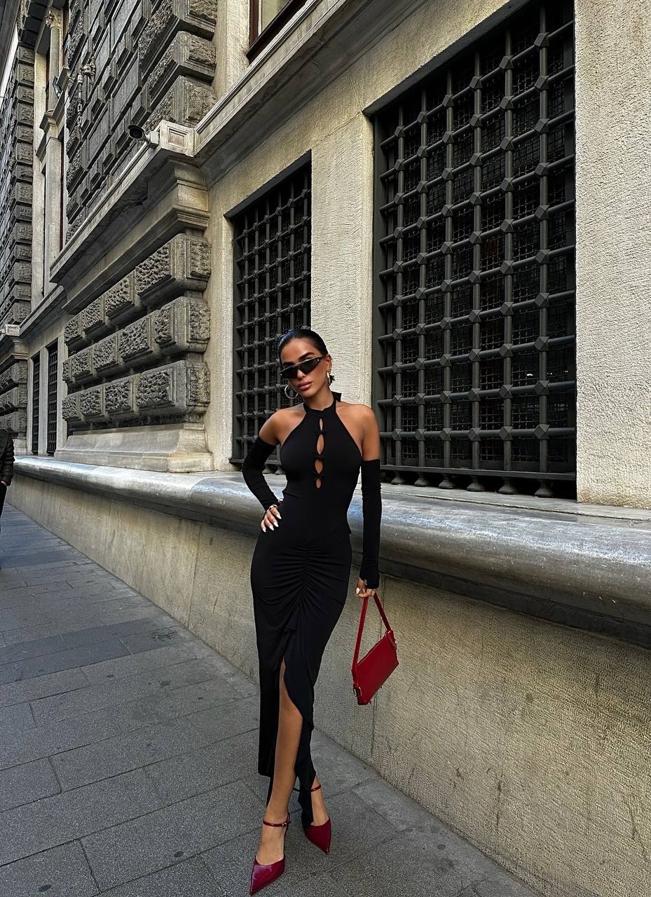 The Noir Elegance Halter Midi Dress - 1045