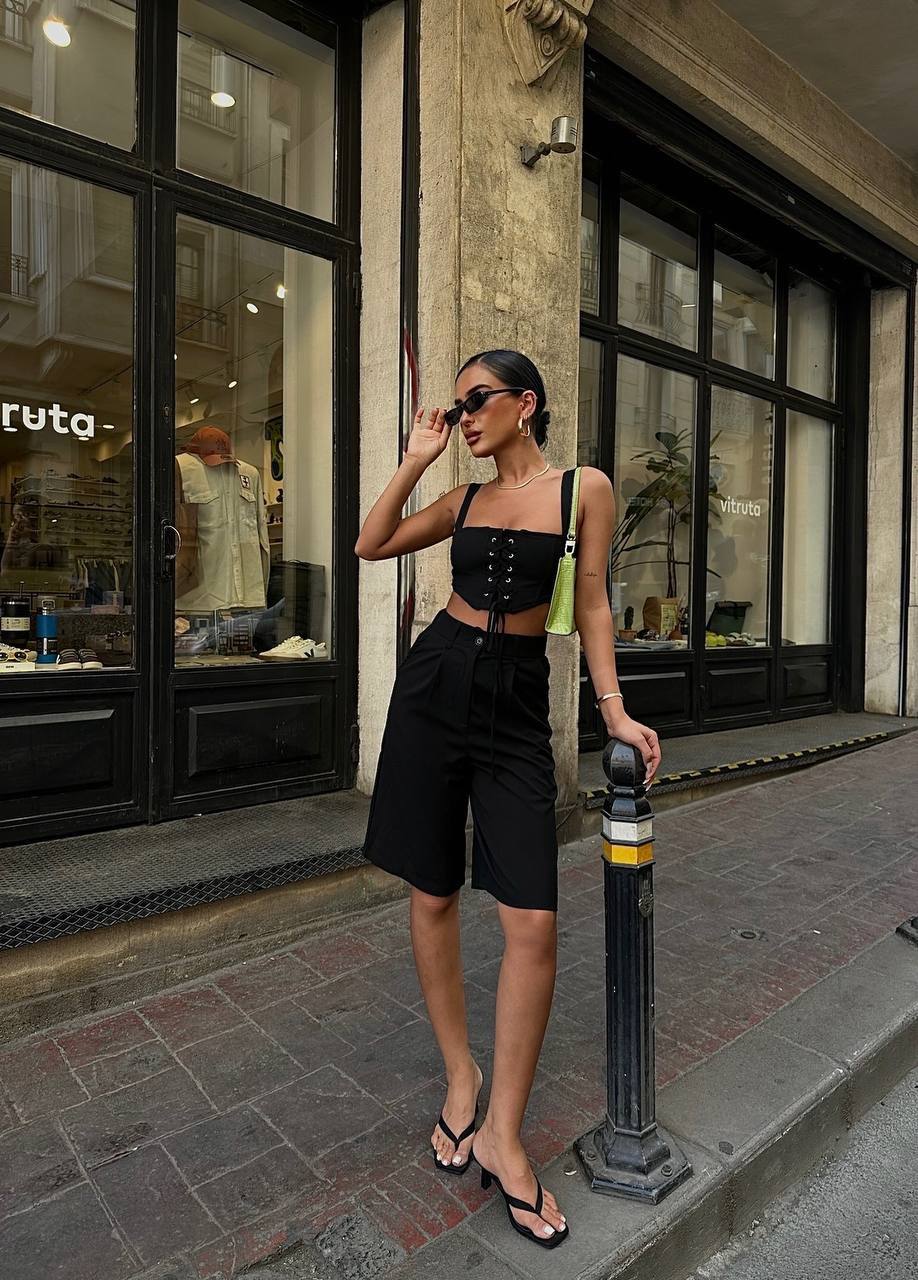 The Noir Lace-Up Crop & Bermuda Shorts Set  Two-Piece Summer Statement - 1188