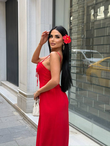 The Riviera Charm Lace-Up Midi Dress Summer Romance - 1202