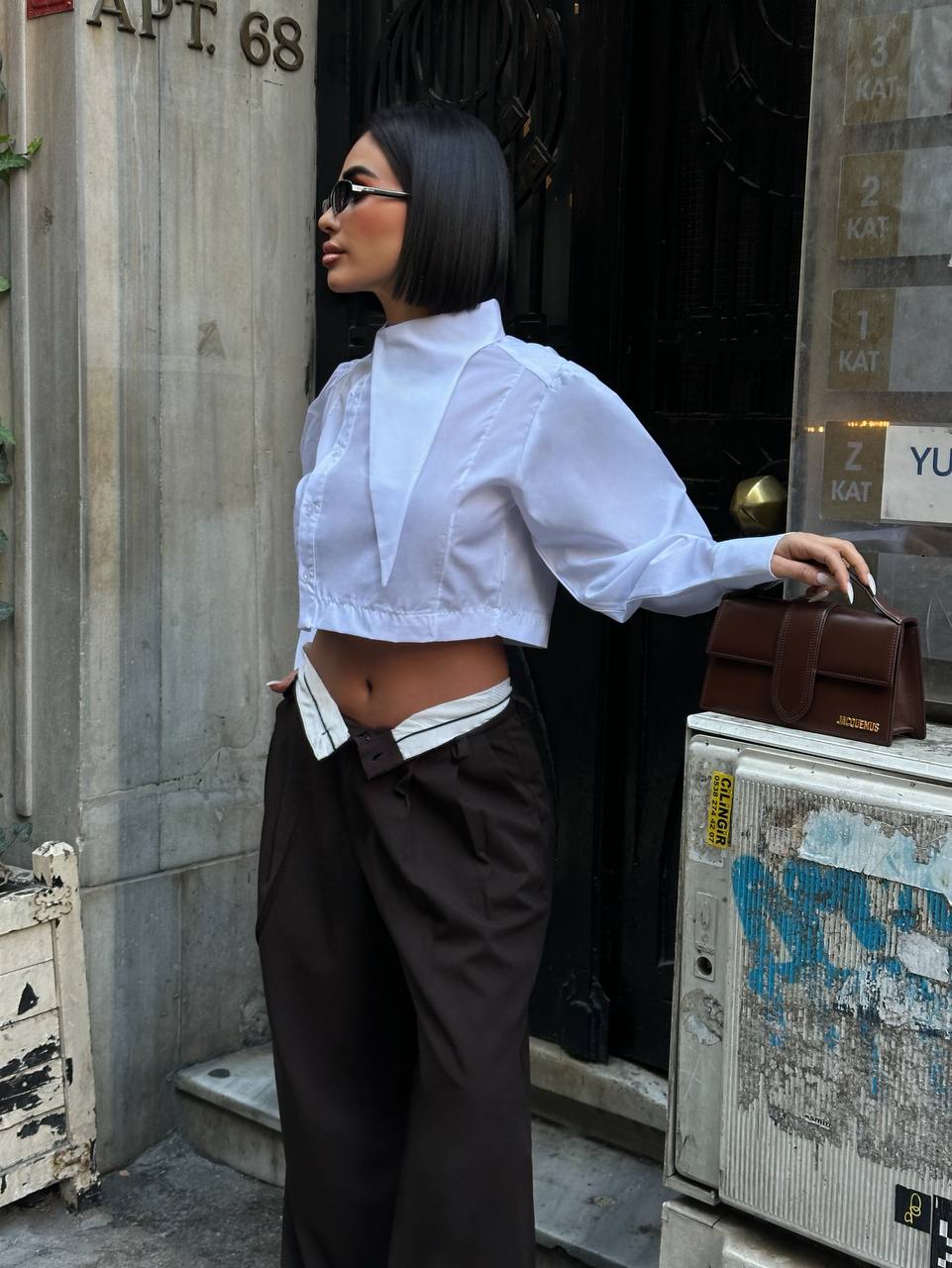 Urban Edge Cropped Blouse Structured Asymmetric Panel 1279