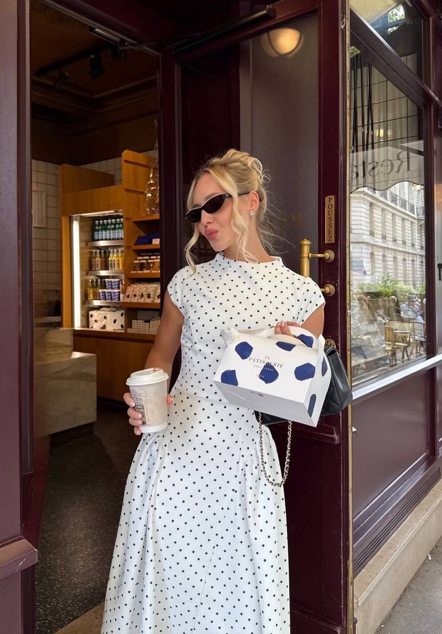 Polka-Dot Maxi Dress with high round neck and cap sleeves-1290