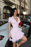 V-Neck Poplin Mini-Dress with puff sleeves, lace trim and corseted waist- 1291